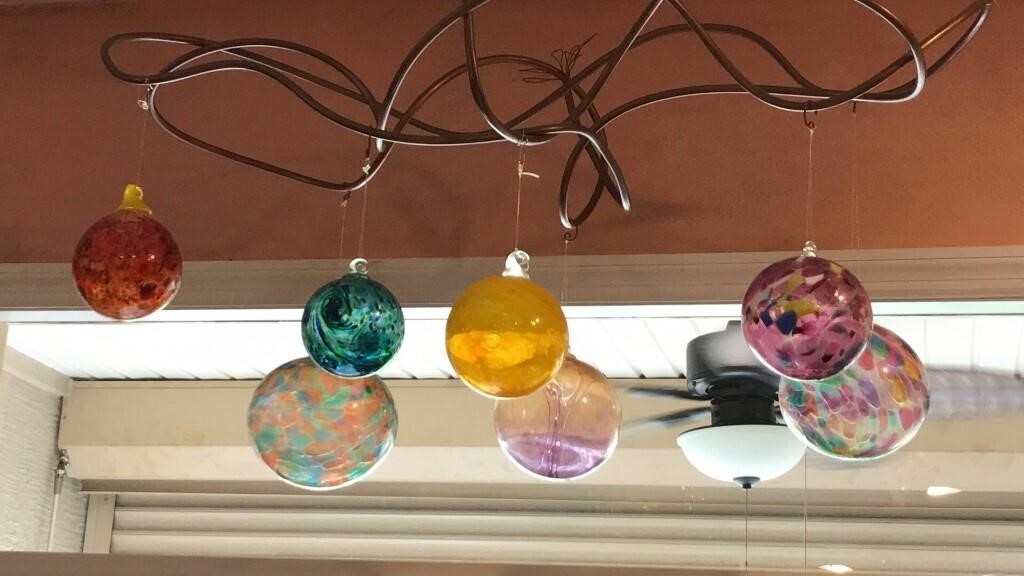 7 Art Glass Balls & Copper Wire Hanger