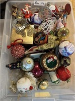 tote full of vintage Christmas ornaments