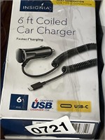 INSIGNIA 6FT COILED CAR CHARGER 2PK RETAIL $20