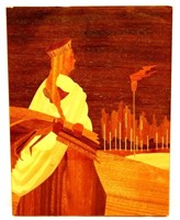 Vintage USSR wood inlay woman w/ wheat art panel