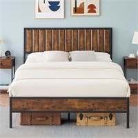 Queen Bed Frame with Headboard  Rustic Brown