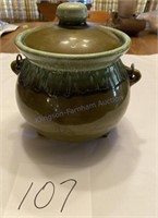 Green pottery bean pot with handle marked USA