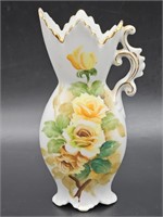 Vtg. Ceramic Pitcher w/ Yellow Flower & Gold Trim