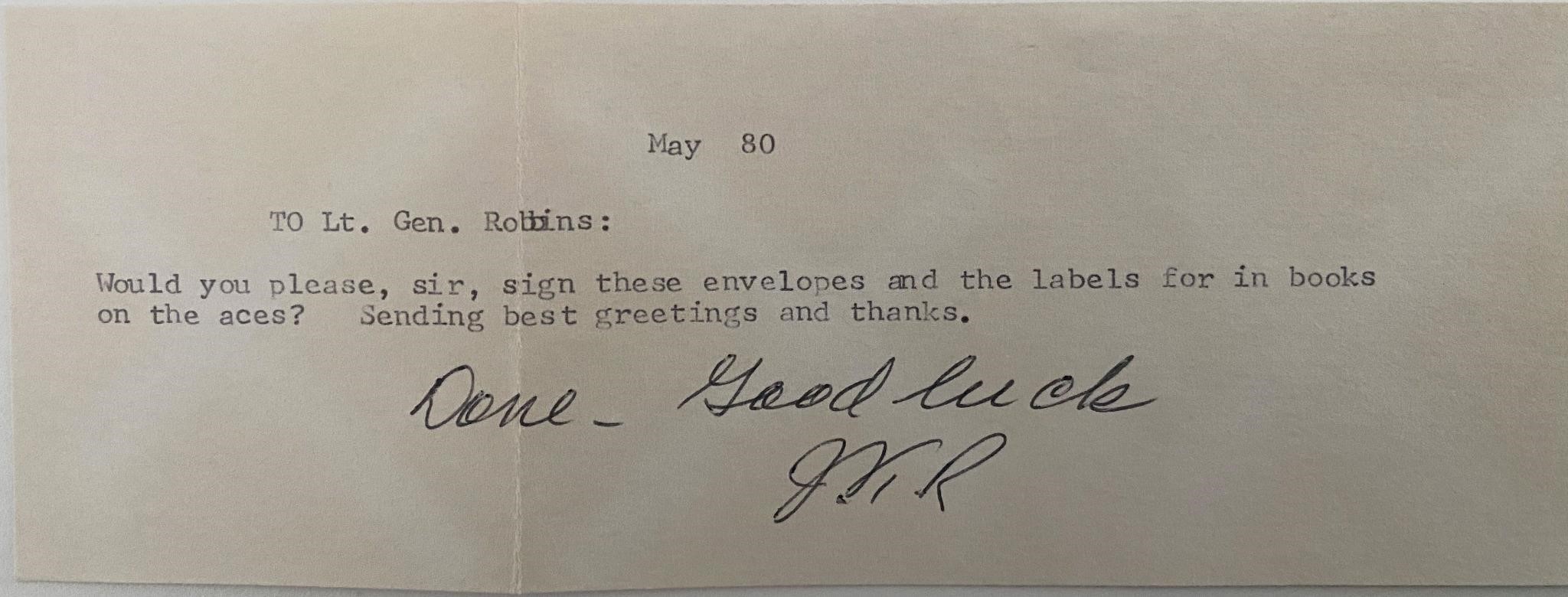 WWII Lt. Gen. Jay T. Robbins signed note