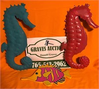 2 Metal Seahorses and wood fish