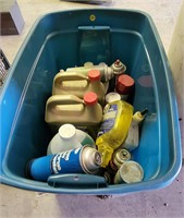 Tote of antifreeze and other shop supplies