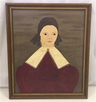 Vintage Folk Art  Pilgrim Girl Oil On Canvas