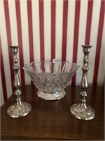 SILVERPLATE BASE BOWL AND CANDLE STICKS