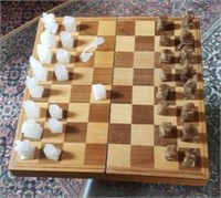 Carved Stone Chess Set in Inlaid Wood Box