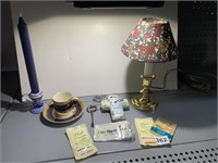 BALDWIN SMALL LAMP, CANDLE WITH HOLDER, TEACUP,