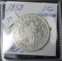 1858 O SEATED HALF DOLLAR VG