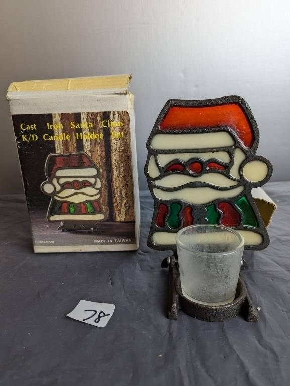 Cast Iron Santa Cluas Candle Holder- Stained Glass