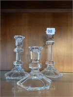 3 GLASS CANDLE STICK HOLDERS, VARIOUS HEIGHTS