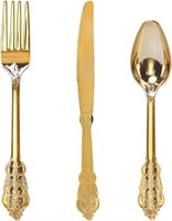 75pc Gold Plastic Utensils Forks Spoons Knives NEW