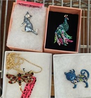 DRAGONFLY NECKLACE, CAT PINS, PEACOCK PIN
