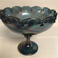 Blue Carnival Glass Like Fruit Bowl on Pedestal