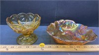 Amber Glass compote & carnival Glass dish