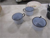 ENAMELWARE MUGS, PLATES, PAN, SPOONS, AND