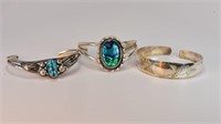 3 Silver Bracelets- Turquoise, Abalone, Etched