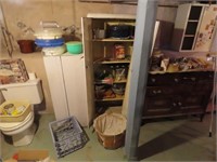 Metal cabinet & contents, buffet, items on wall.