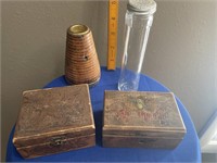 Wooden spool, 2 small wooden boxes, glass shaker