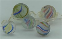 5 LATTICINIO & SOLID SWIRL MARBLES