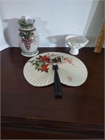 Pottery vase, small compote, oriental fan