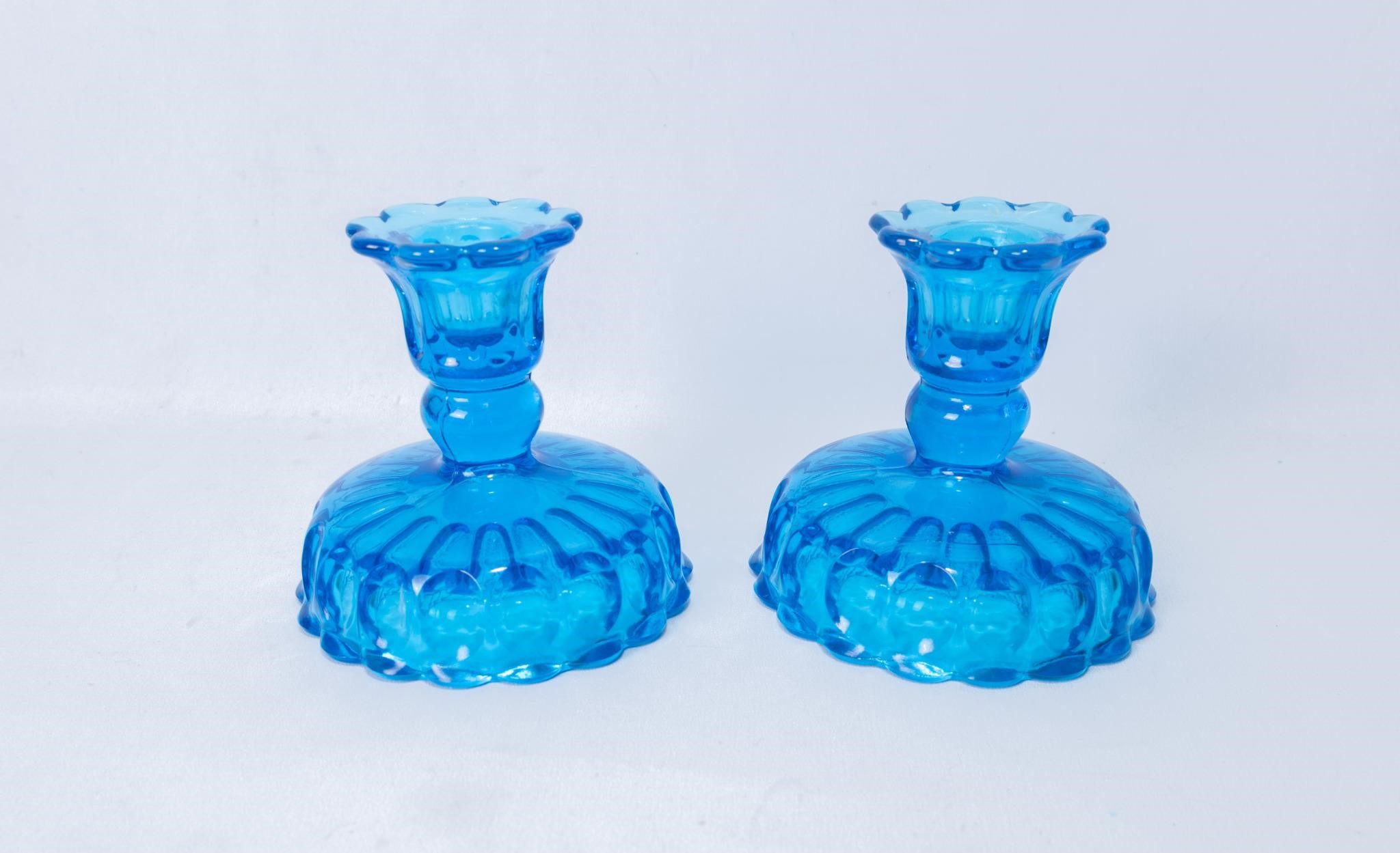 20th century blue glass candleholders