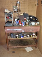 Wooden 2 drawer workbench and assorted hardware an