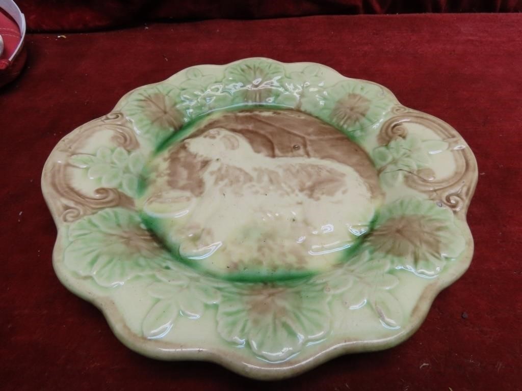 Antique majolica plater plate. Pottery. Dog