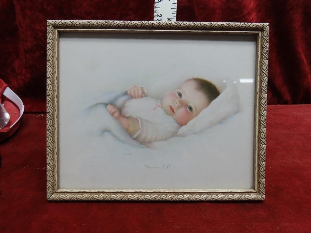 Vintage framed "Heaven's Gift" lithograph Baby