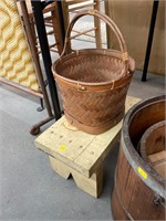Antique Small Wooden Stool & Wicker Basket