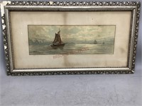 Framed Watercolor of Boats Sailing in the Morning