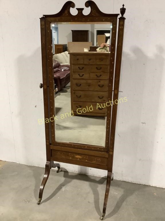 Antique cheval mirror with inlaid design