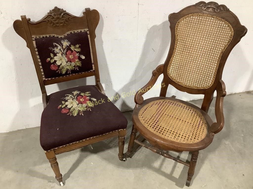 VTG Cane Back Rocking Chair & Needlepoint Chair
