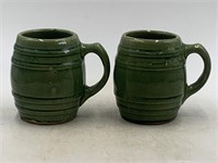 -2 vintage green stoneware barrel mugs marked