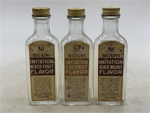 -3 vintage Watkins flavor bottles, mixed