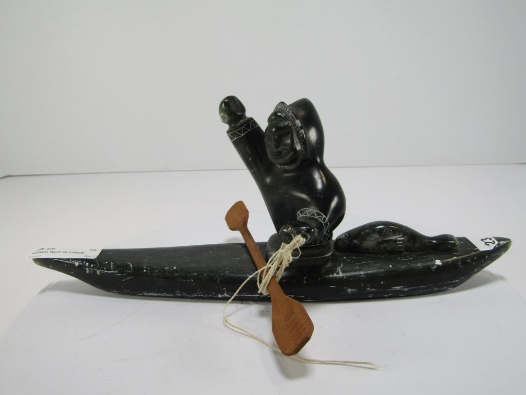 SIGNED INUIT IN CANOE SOAPSTONE - 11.5" LONG