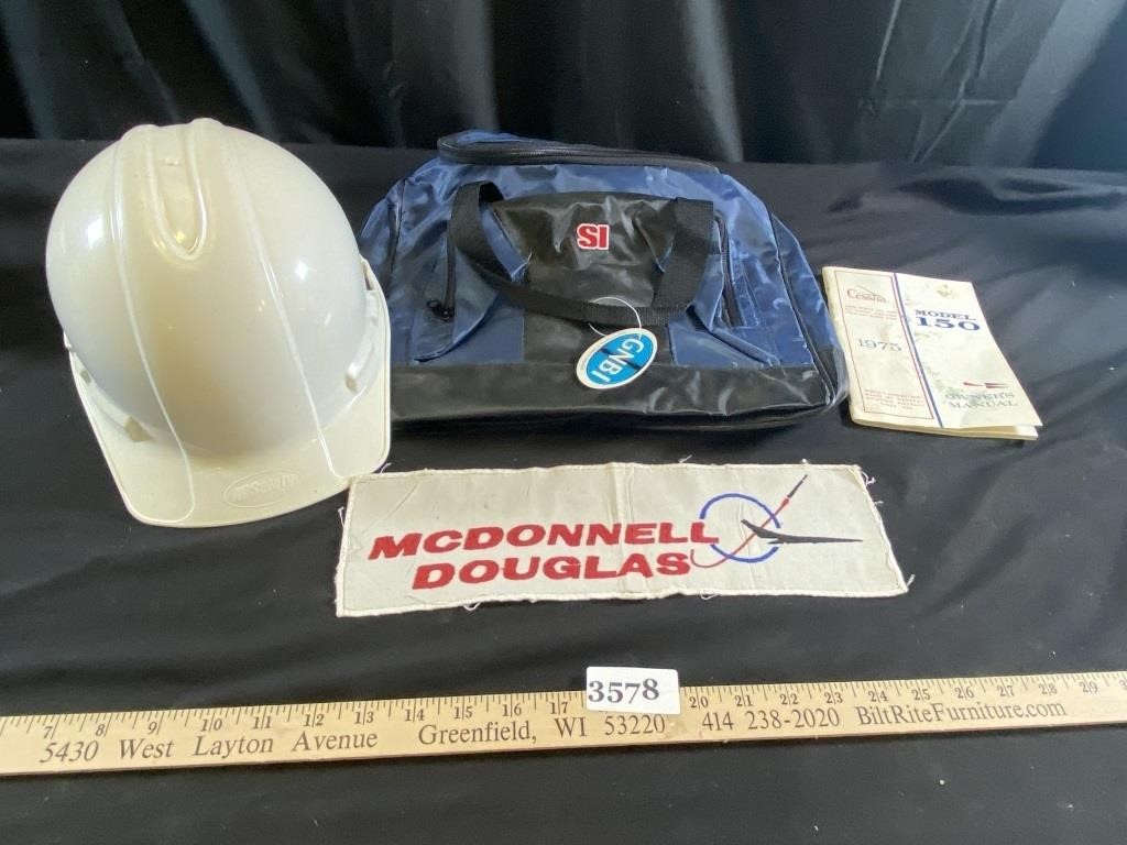 Hard Hat, McDonnell Douglas Patch, and a bag