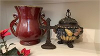 Red Vase, iron Cross, Decorative Trinket Holder