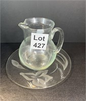 Glass Pitcher and Floral Glass Platter