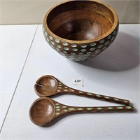 Wooden Salad Bowl 9" W/ Matching Utencils