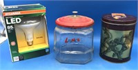 Vntg Glass Lance Cracker Jar & Olympic Rice Tin &