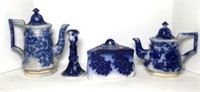 Flow Blue Teapots, Cheese Dish Cover & Candlestick