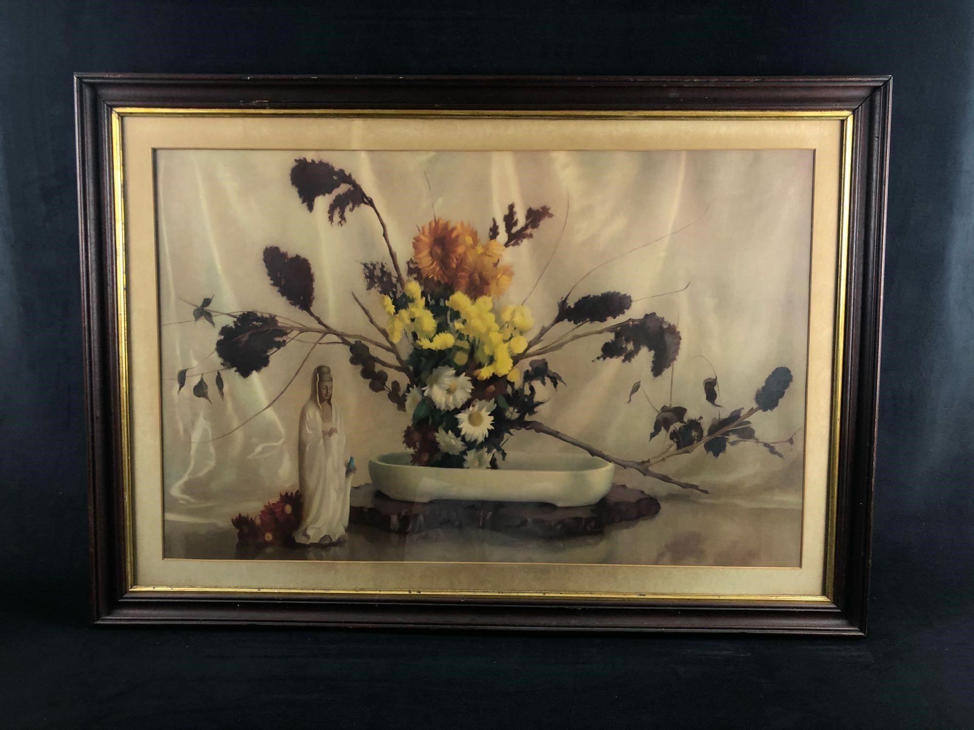 Antique Japanese Lithograph Still Life Flowers Por