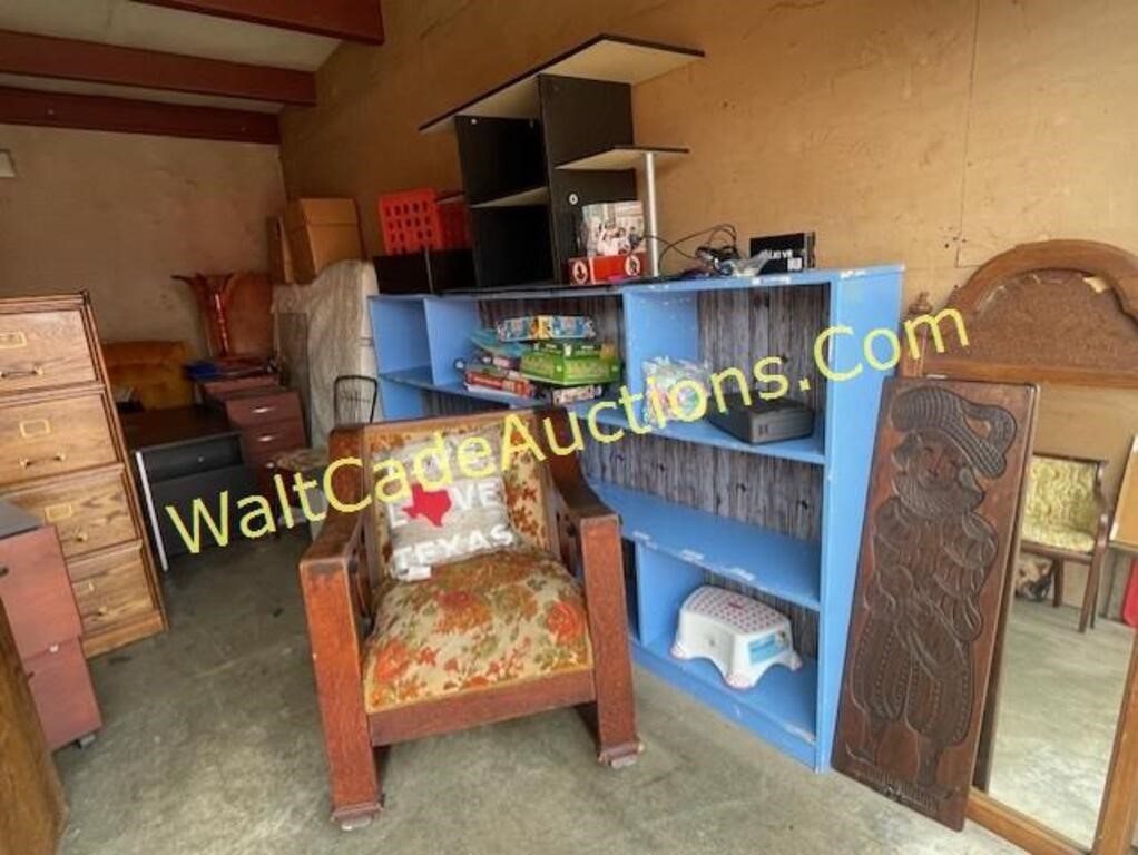 VINTAGE CHAIRS, BOXES, BOOK CASES