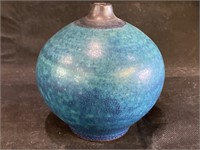 VTG Teal Art Pottery Round Bud Vase