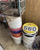 10 5gal plastic buckets & Metal milk crate