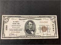 Annville, PA Red seal $5 dollar bank note.
