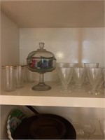 Glassware, wooden bowls, punch bowl